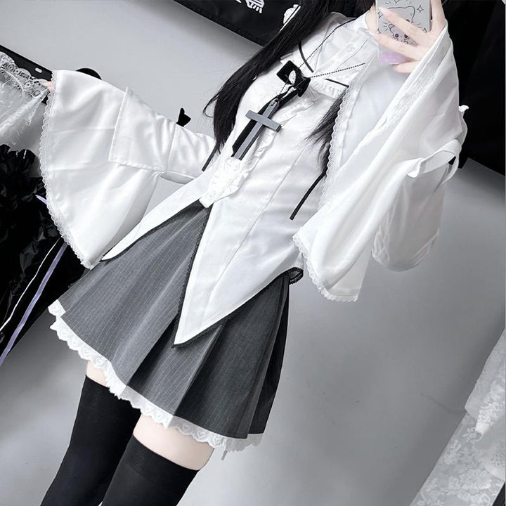 Gothic Outfit White Flared Cuffed Shirt And Striped Skirt with Lace Trim (L M S) 42238:733417