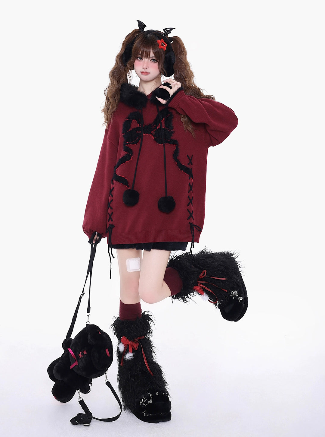 Yami Kawaii Sweater Bow Black Red Hoodie Detachable Collar 39556:639658