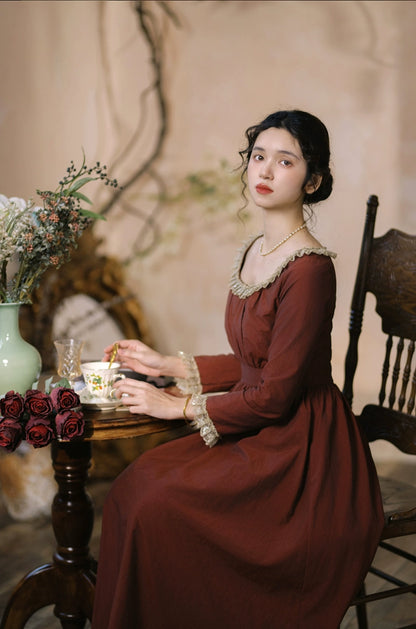 Mori Kei Dress Classical Oil Painting Dress Rust Red Dress 36348:544676