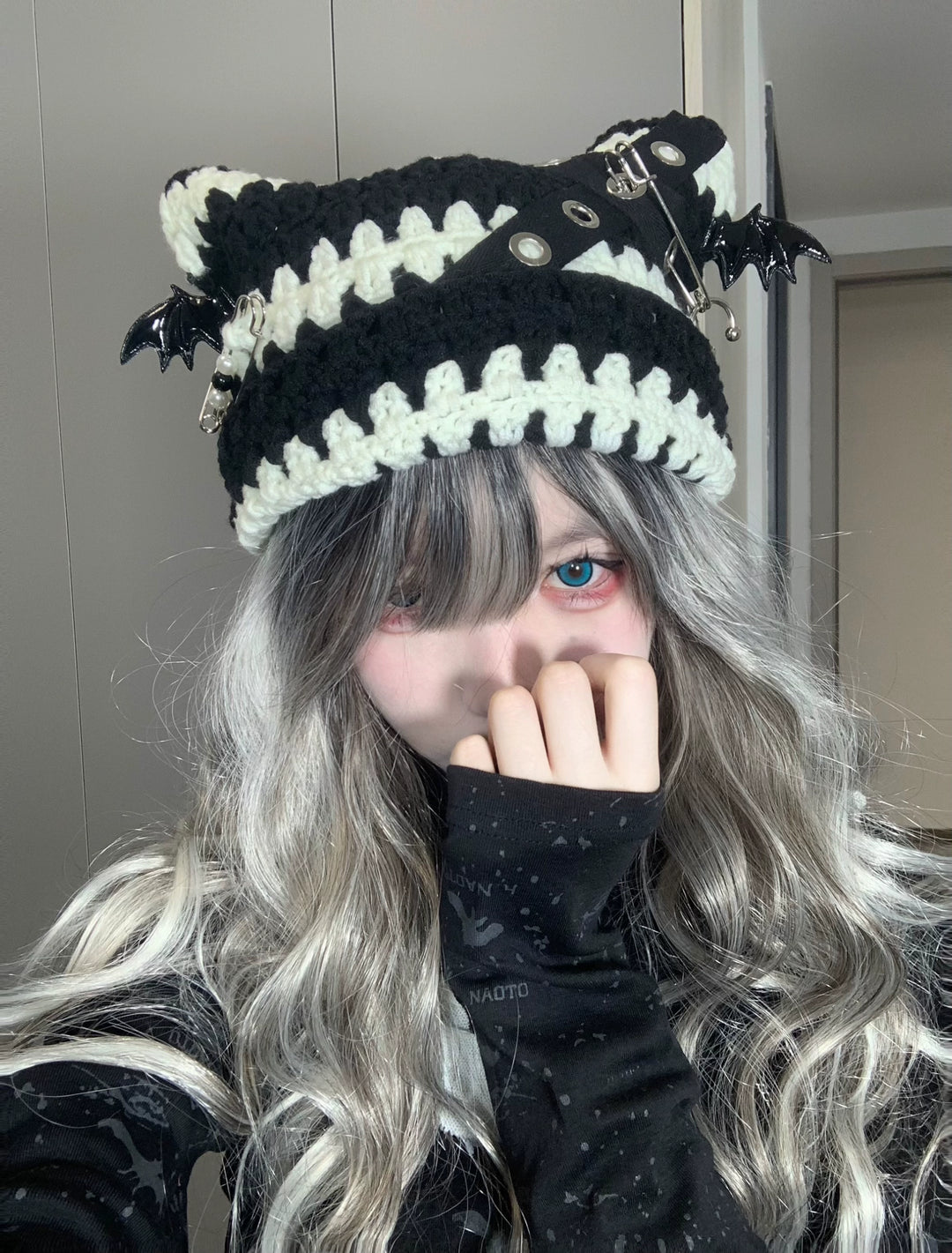 Punk Hat Striped Cat Ear Knitted Hat With Bat Wings 40138:678552