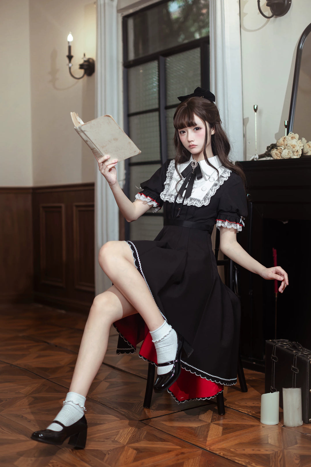 Gothic Style Lace Trim Dress, High-Low Hem 45334:848909