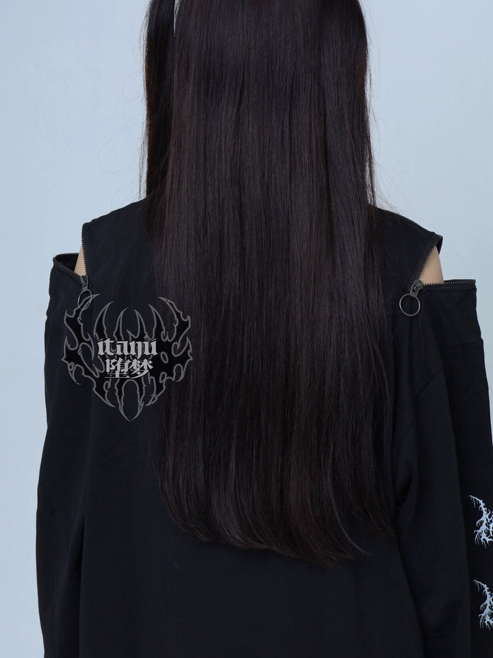 Gothic Long Sleeve Tee, Anime Print and Zipper Shoulder 44521:812663
