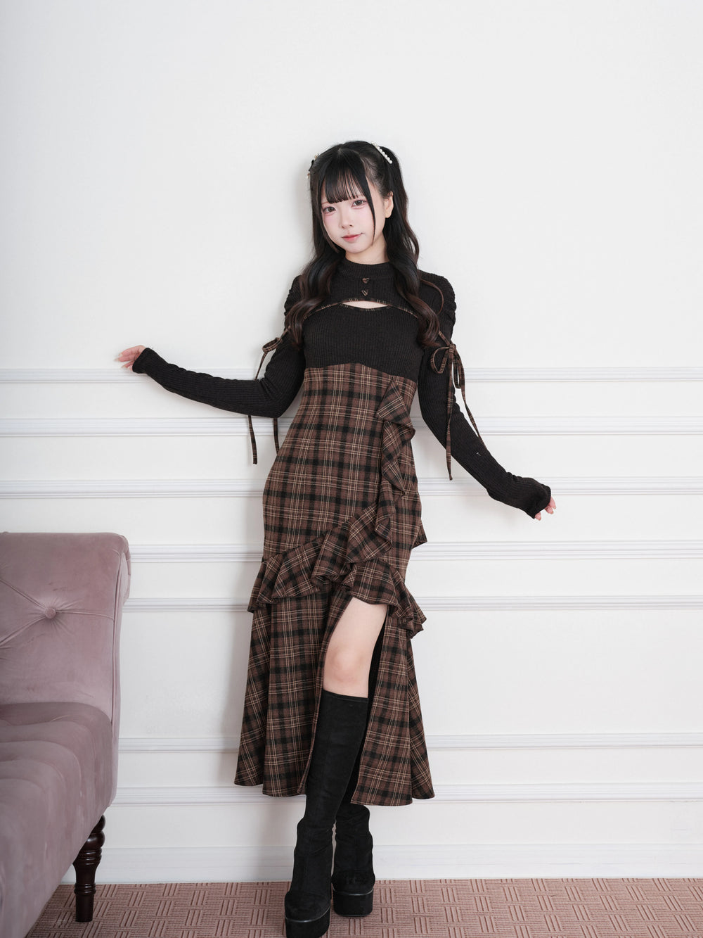 Jirai Kei Plaid Dress, Chest Cutout & Flounce Slit Hem (Brown / M S) 45956:869329