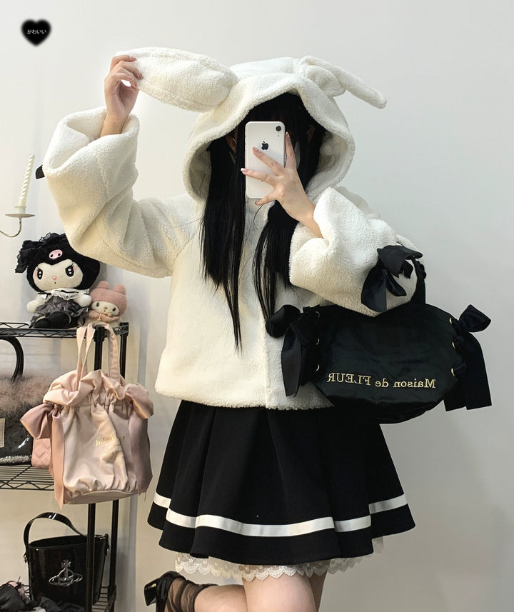 Jirai Kei Winter Coat White Black Plush Jacket With Rabbit Ear (White) 31854:372636 (White) 31854:372636