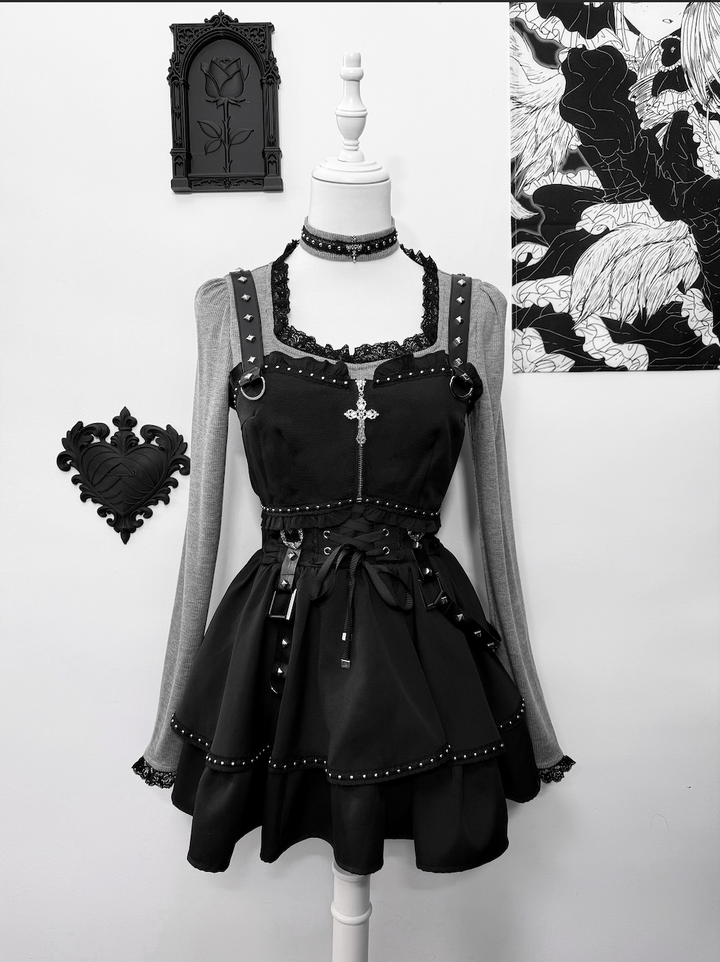 Jirai Kei Skirt Outfit, Top With Detachable Camisole 44809:822684