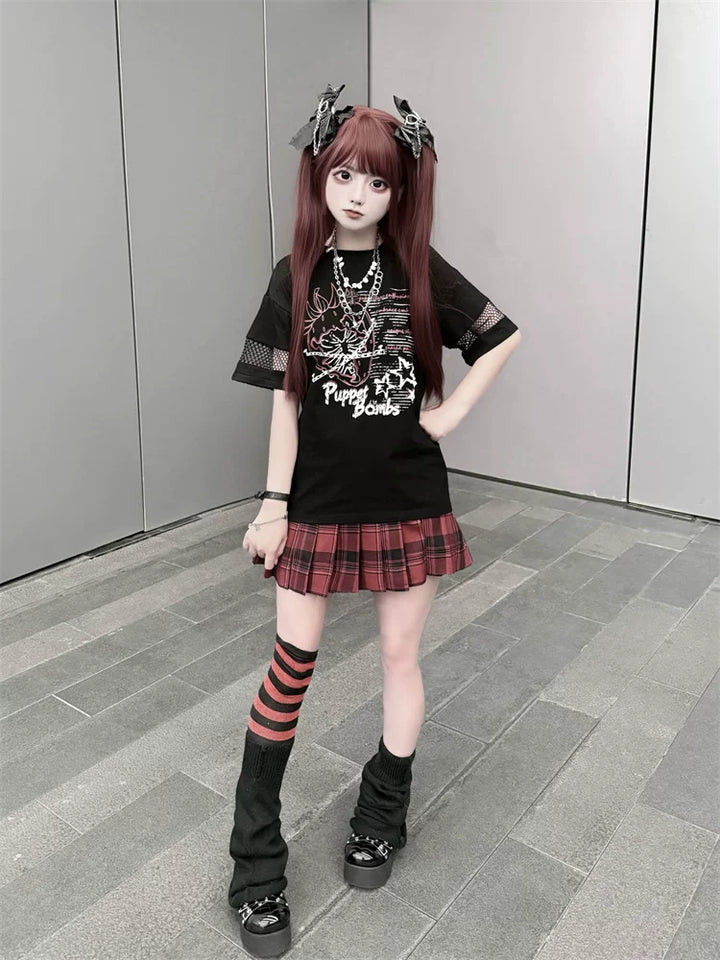 Punk Strawberry and Chain Print T-shirt, Red Plaid Skirt 45365:851386