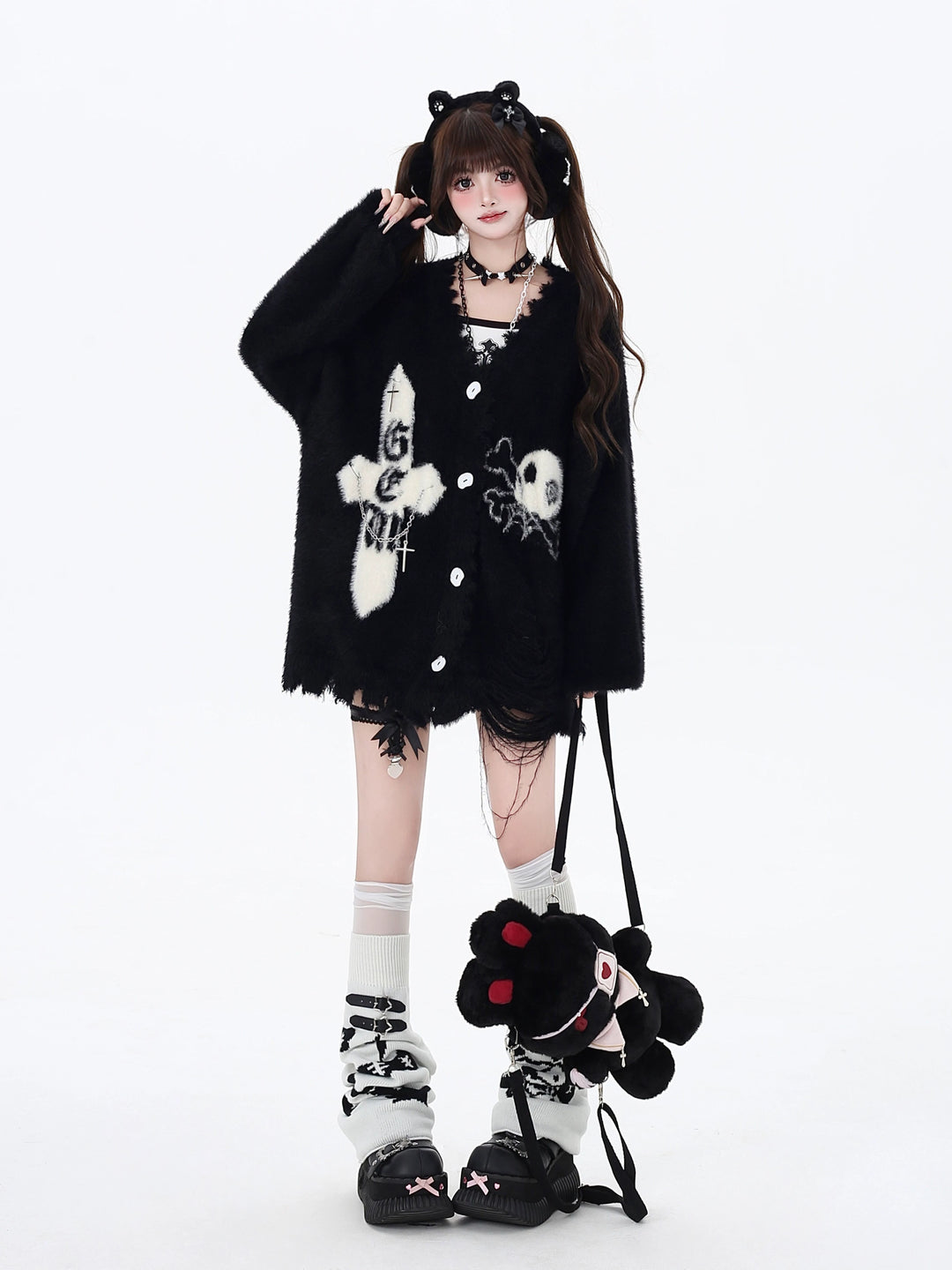 Jirai Kei Sweater Irregular Hem Cardigan With Striped Scarf Jirai Kei Sweater Irregular Hem Cardigan With Striped Scarf