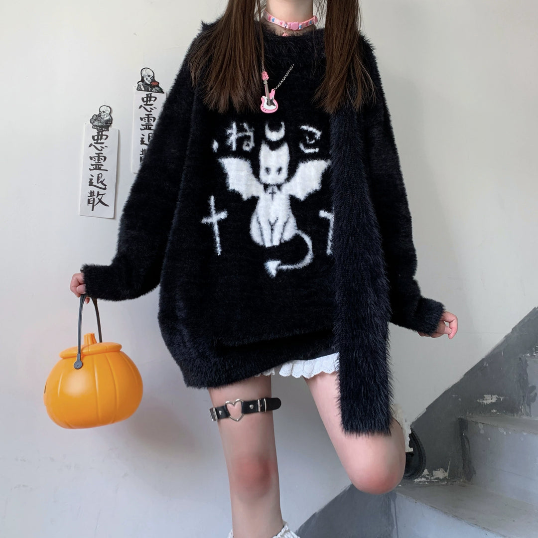 Yami Kawaii Sweater Devil Cat Black Loose Warm Top 39738:640320