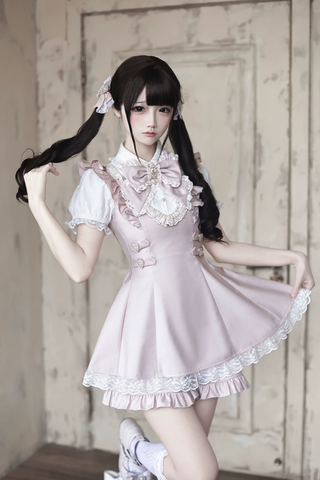 Ryousangata Pleated Hem Dress, Pearl-trimmed Neckline 45554:853365