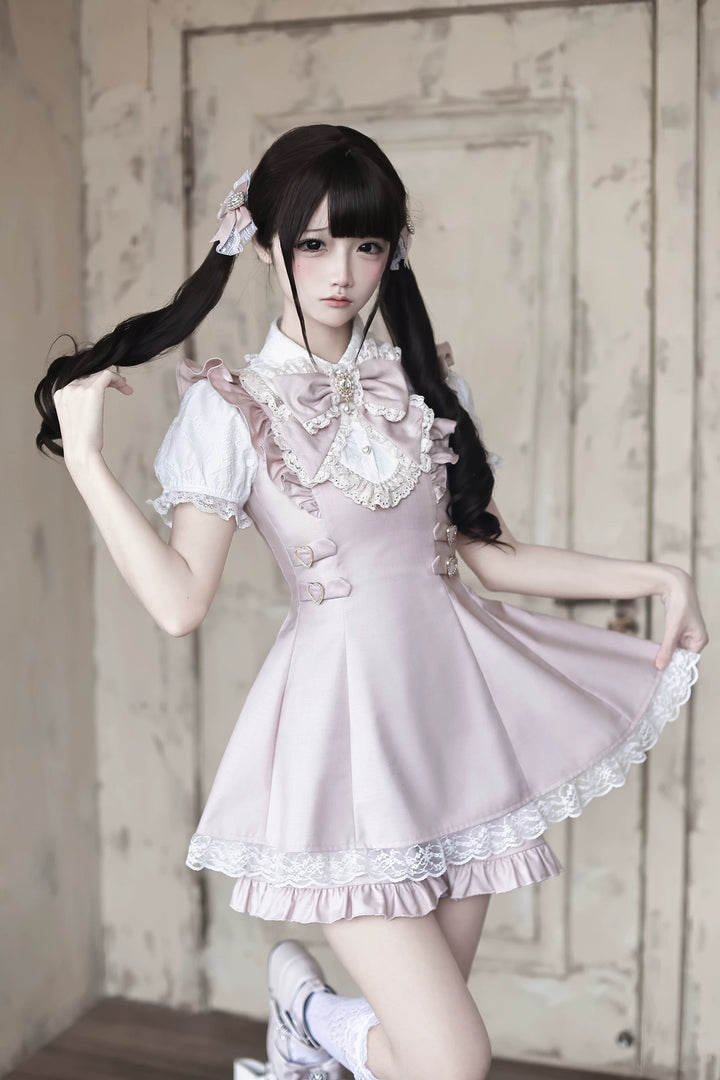 Ryousangata Pleated Hem Dress, Pearl-trimmed Neckline 45554:853365