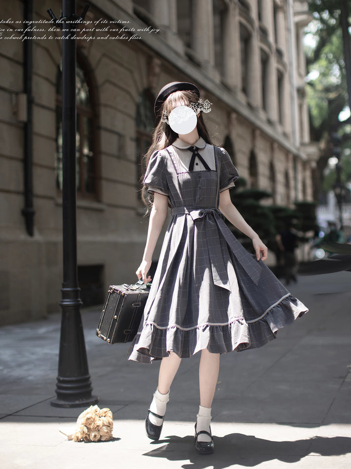 Elegant Grey Plaid Dress, Scalloped Trim & Puff Sleeves 45750:863120