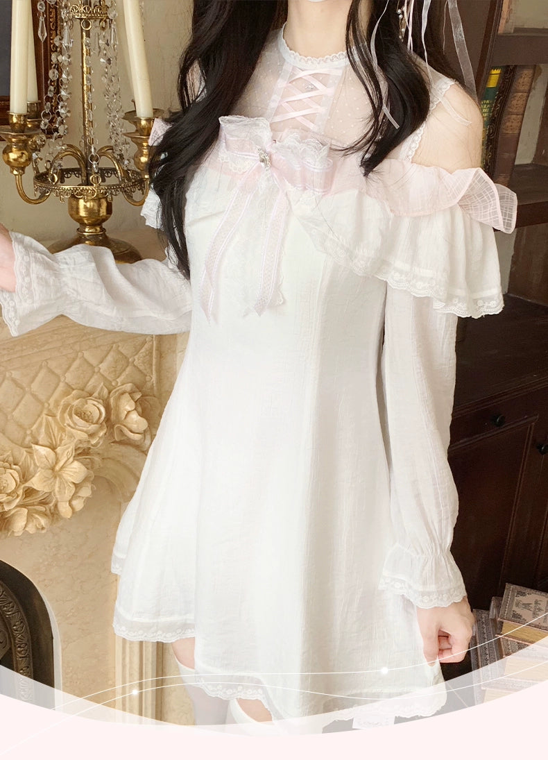 Ryousangata Open Shoulder A-Line Dress with Lace & Bow 43070:764350