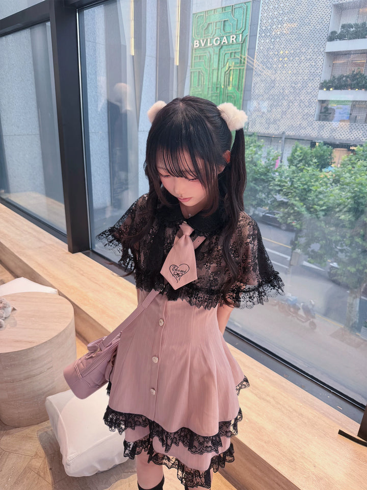Pink Ryousangata Striped Dress, Lace Neckline and Hem 45453:854926