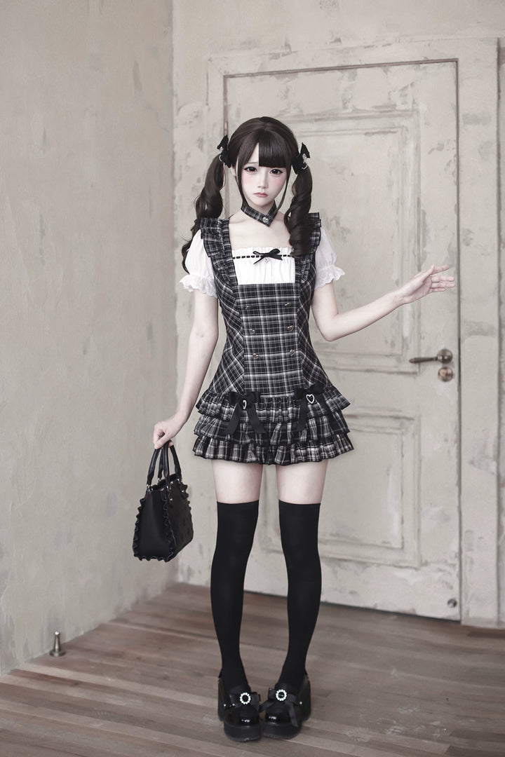 Jirai Kei Black Plaid Dress Set, Heart-Shaped Rhinestone 45004:834491