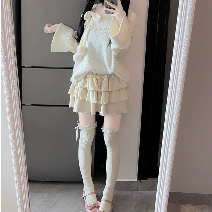 Open-Shoulder Tenshi Kaiwai Sweater, Tiered Ruffles Skirt (L M S) 43775:786744