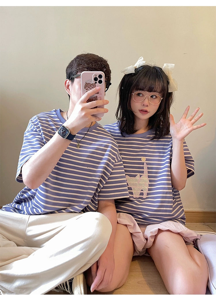 Kawaii Aesthetic Shirt Striped Short Sleeve Cotton Top 36562:518486