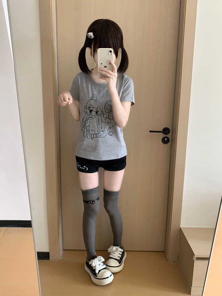 Yami Kawaii Gray T-Shirt With Anime Sick Girl Print 42898:757203