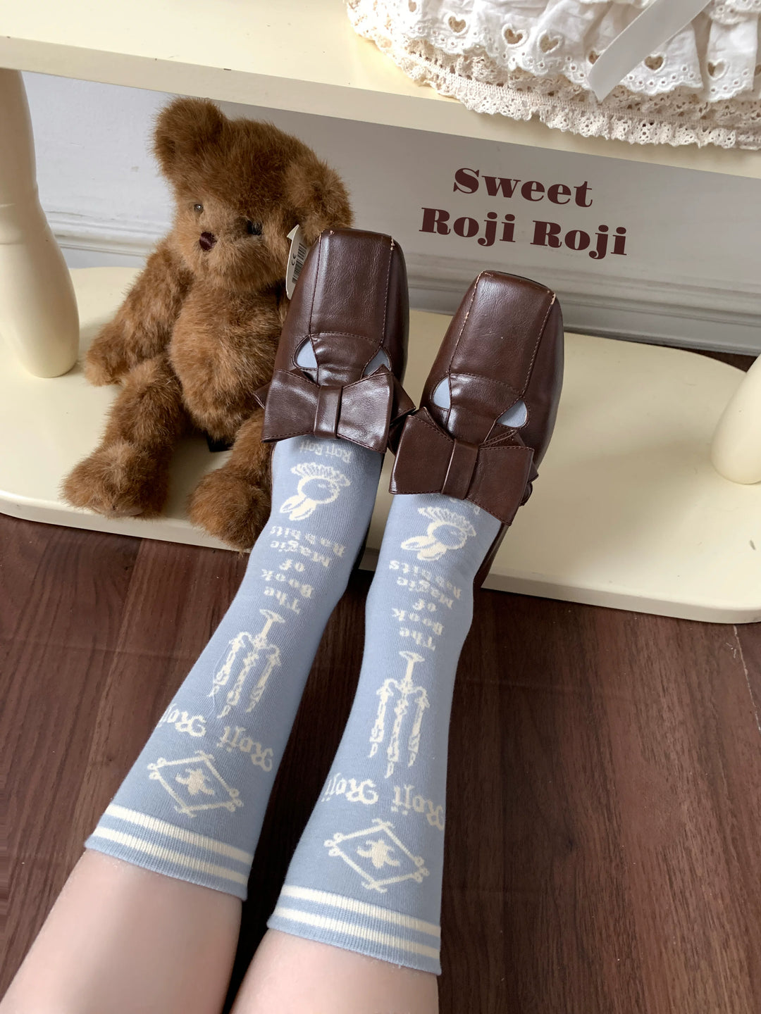 Lolita Cotton Mid-Calf Socks, Candle, Bunny & Key Patterns (Gray-Blue) 44714:822231