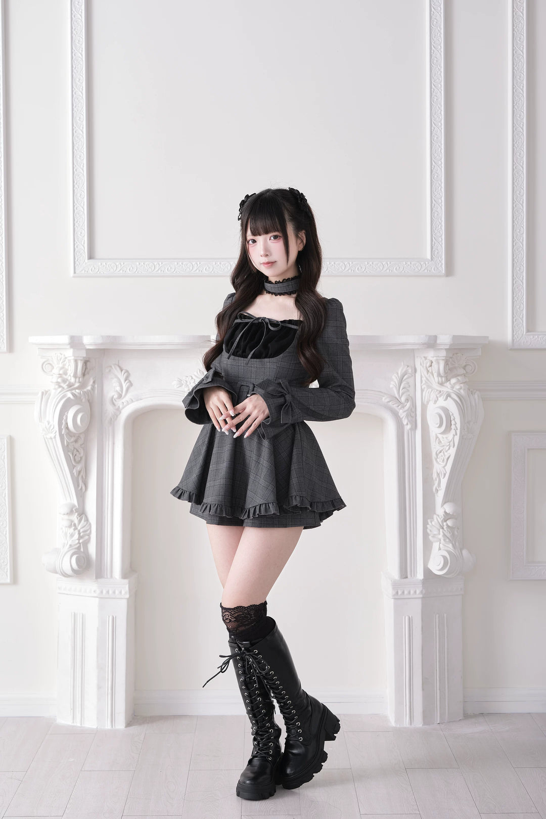 Jirai Kei Plaid Dress and Shorts Set, Lace Trim Choker 44689:819282