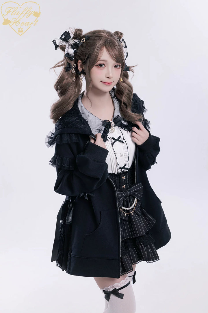 Lace-Trim Hoodie Coat, Side Pocket 45227:842252
