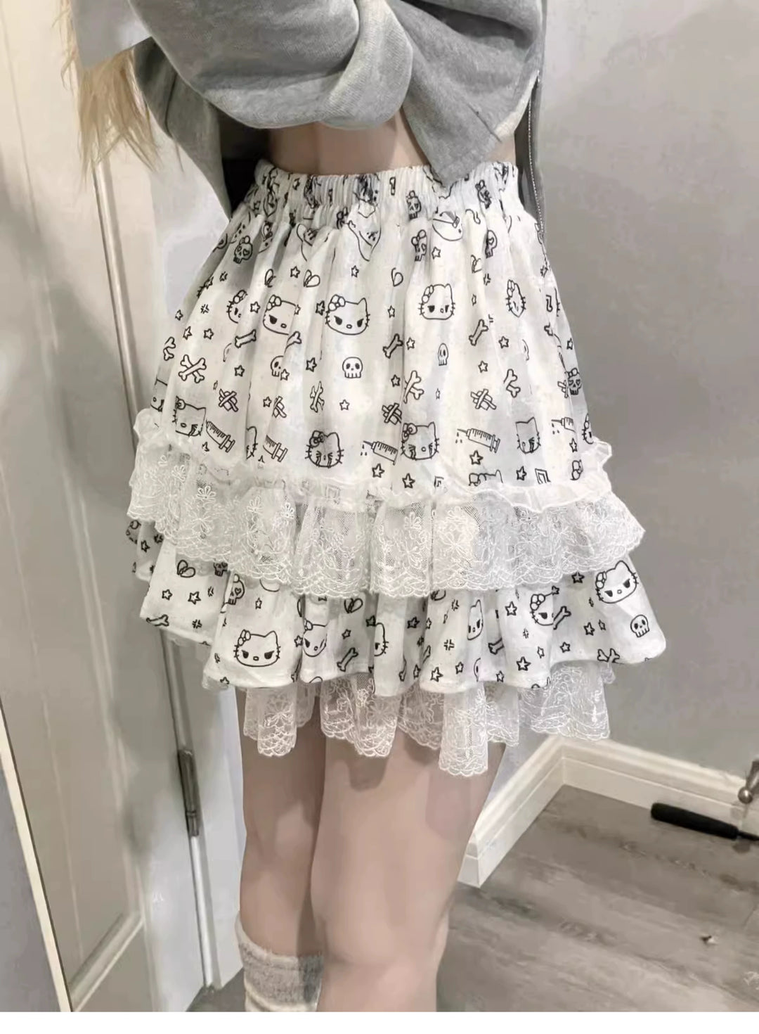 Y2K Skirt Kitty Print Lace Skirt Puff Cake Skirt 37736:586732