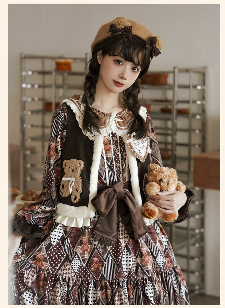 Lolita Dress Bear Embroidered Long Sleeve Dress And Vest 32068:382214 32068:382214