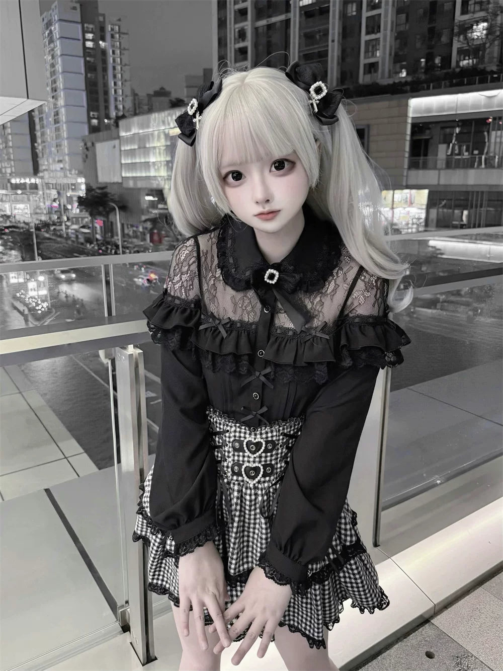 Black Jirai Kei Blouse, Lace Shoulder Design (L M S) 44679:818773