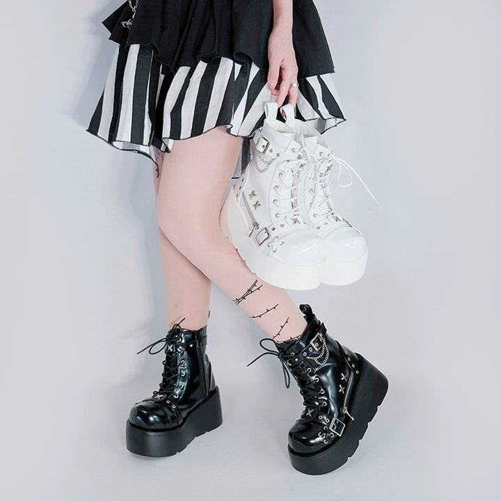 Punk Shoes Black White Platform Gyaru Fashion Combat Boots 29710:368864