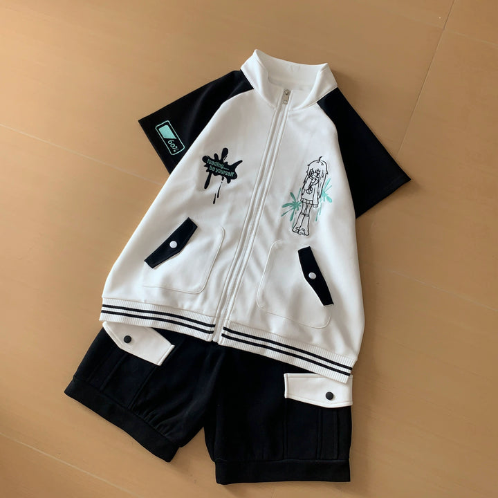 Jirai Kei Black Sport Set Loading Print Zip Jacket and Shorts 42895:757166