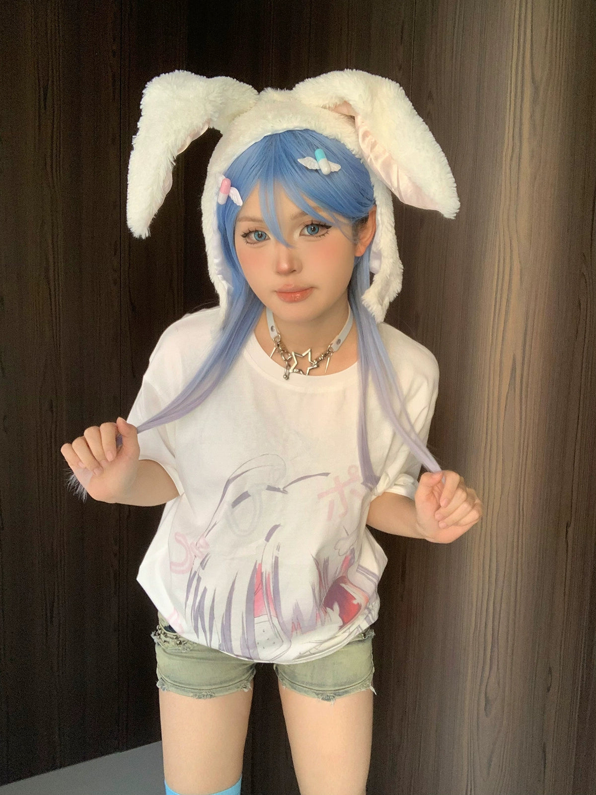 Jirai Kei Shirt Short Sleeve White shirt Anime Print Top 38000:579416