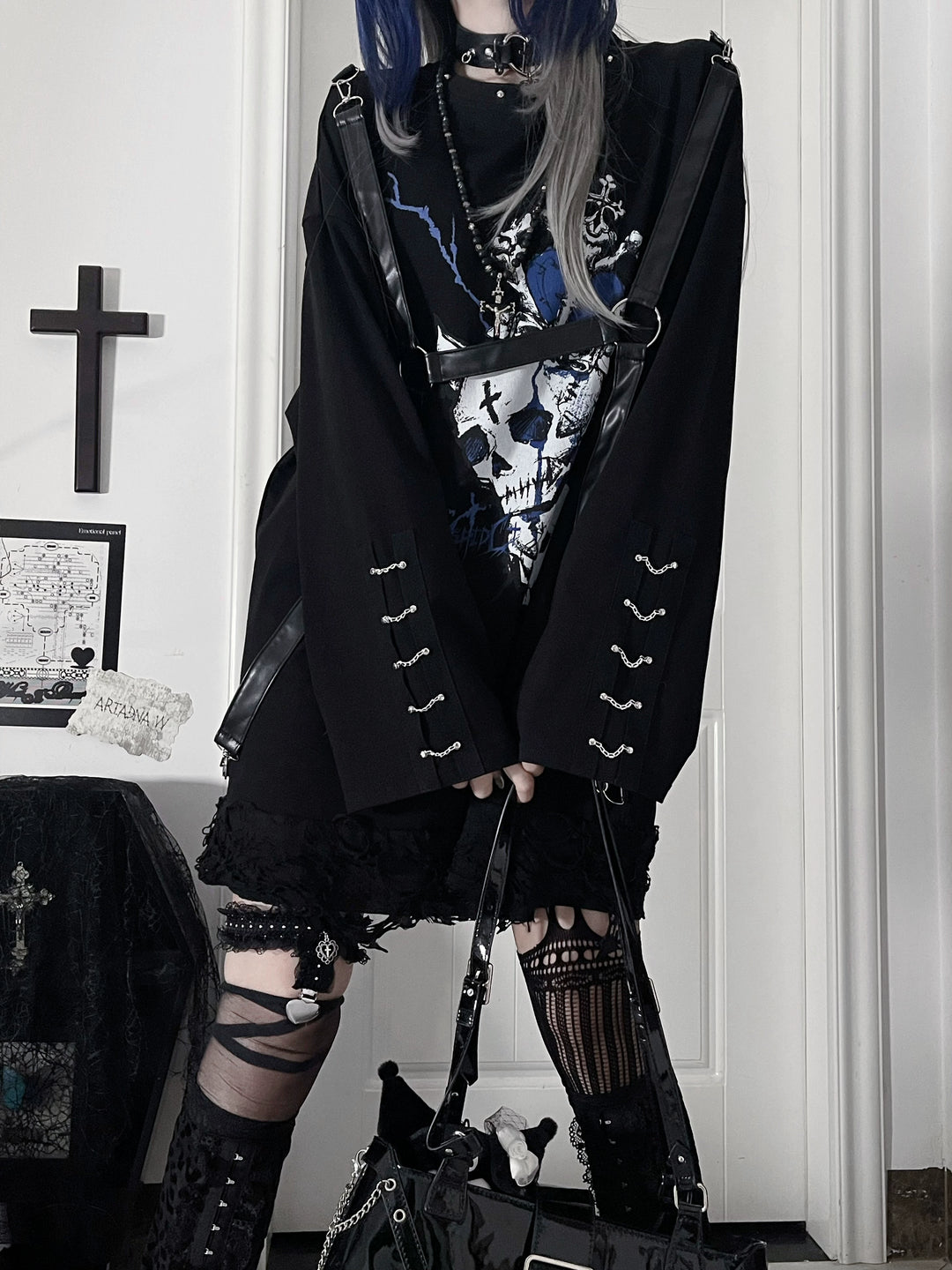 Gothic Printed Long Sleeve Tee, Detachable Strap 44336:804646