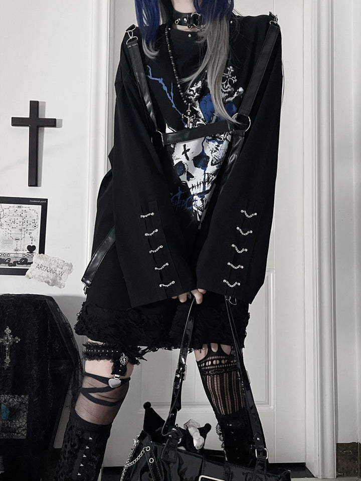 Gothic Printed Long Sleeve Tee, Detachable Strap 44336:804646