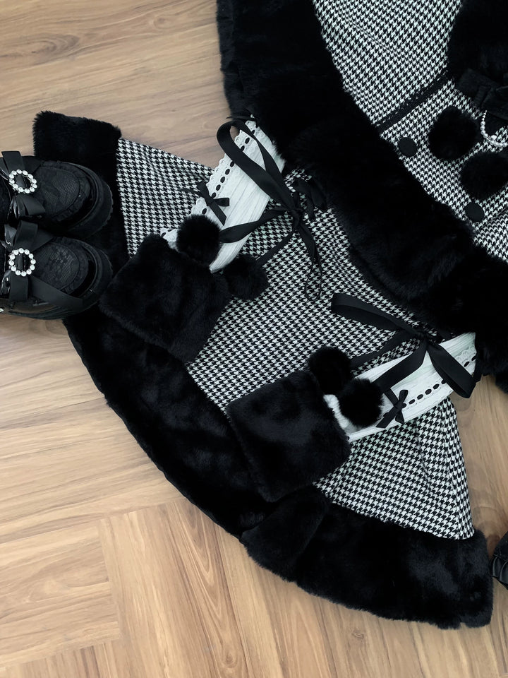Houndstooth Jirai Kei Plush Cape, High-Waisted Skirt 44591:814682