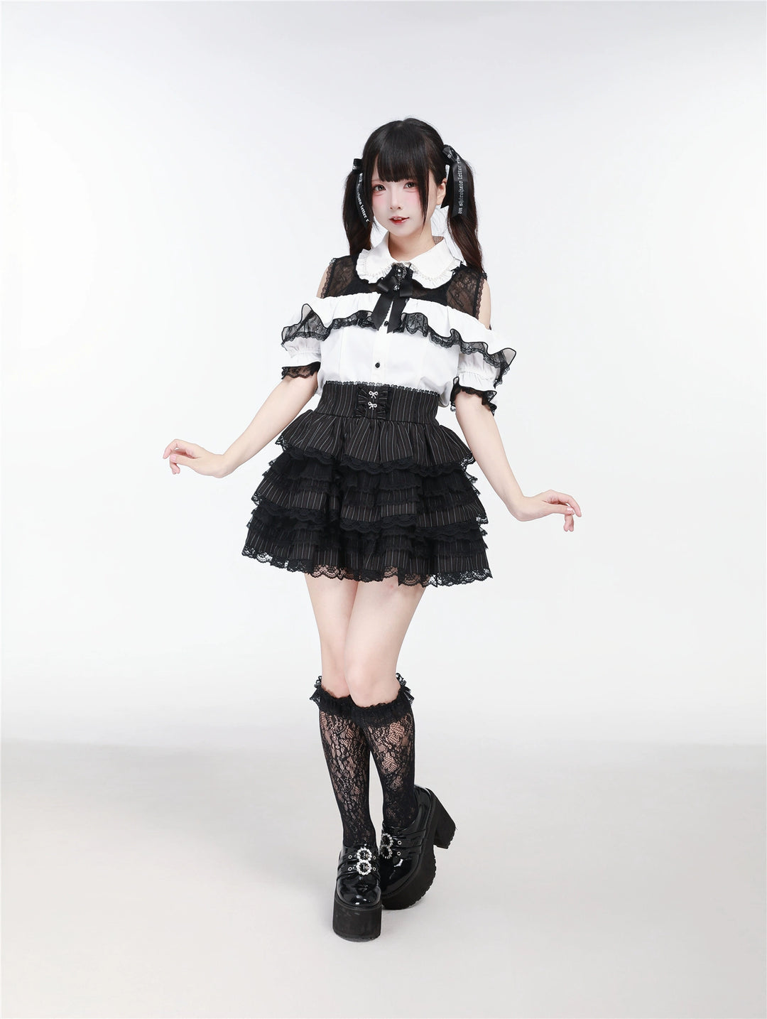 Jirai Kei Tiered Ruffles Skirt With Heart-Shaped Lace Trim (L M S) 43327:773606