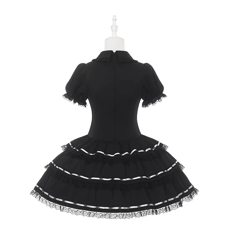 Puffy-Sleeved Jirai Kei Dress, Cake-Designed Hem 45569:854230