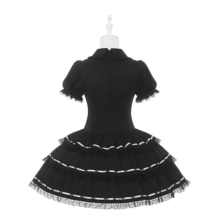 Puffy-Sleeved Jirai Kei Dress, Cake-Designed Hem 45569:854230