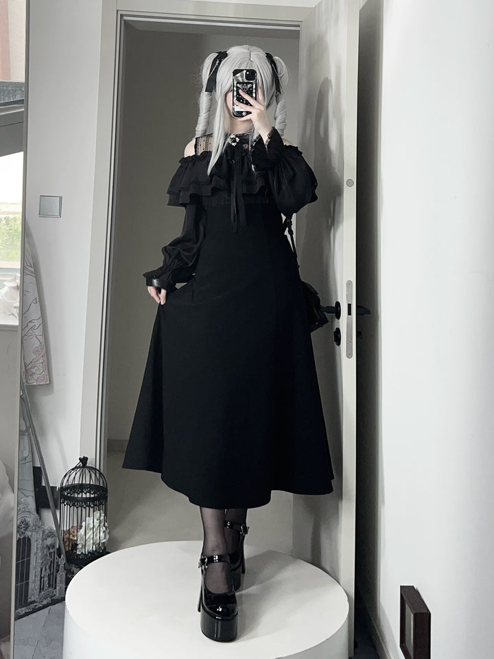 Gothic Black Open-Shoulder Long Dress 44168:798397