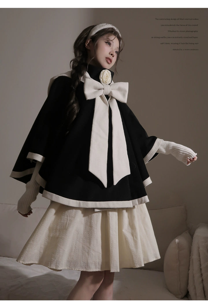 Elegant Lolita Winter Coat Black and White Camellia Cape (Black / L M S) 40284:658240