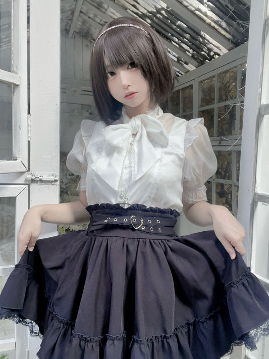 Jirai Kei Blouse Black White Pink Shirt Bowknot Short Sleeve Shirt (L M S XL / White) 31994:425530