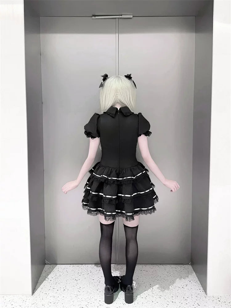 Puffy-Sleeved Jirai Kei Dress, Cake-Designed Hem 45569:854233