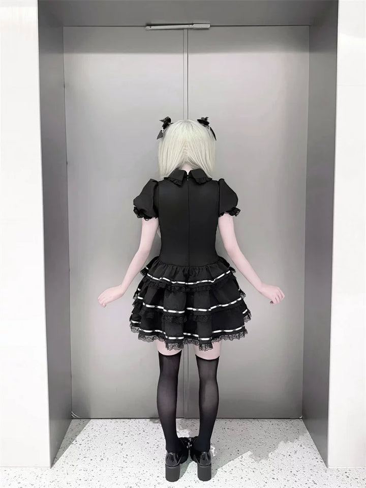 Puffy-Sleeved Jirai Kei Dress, Cake-Designed Hem 45569:854233