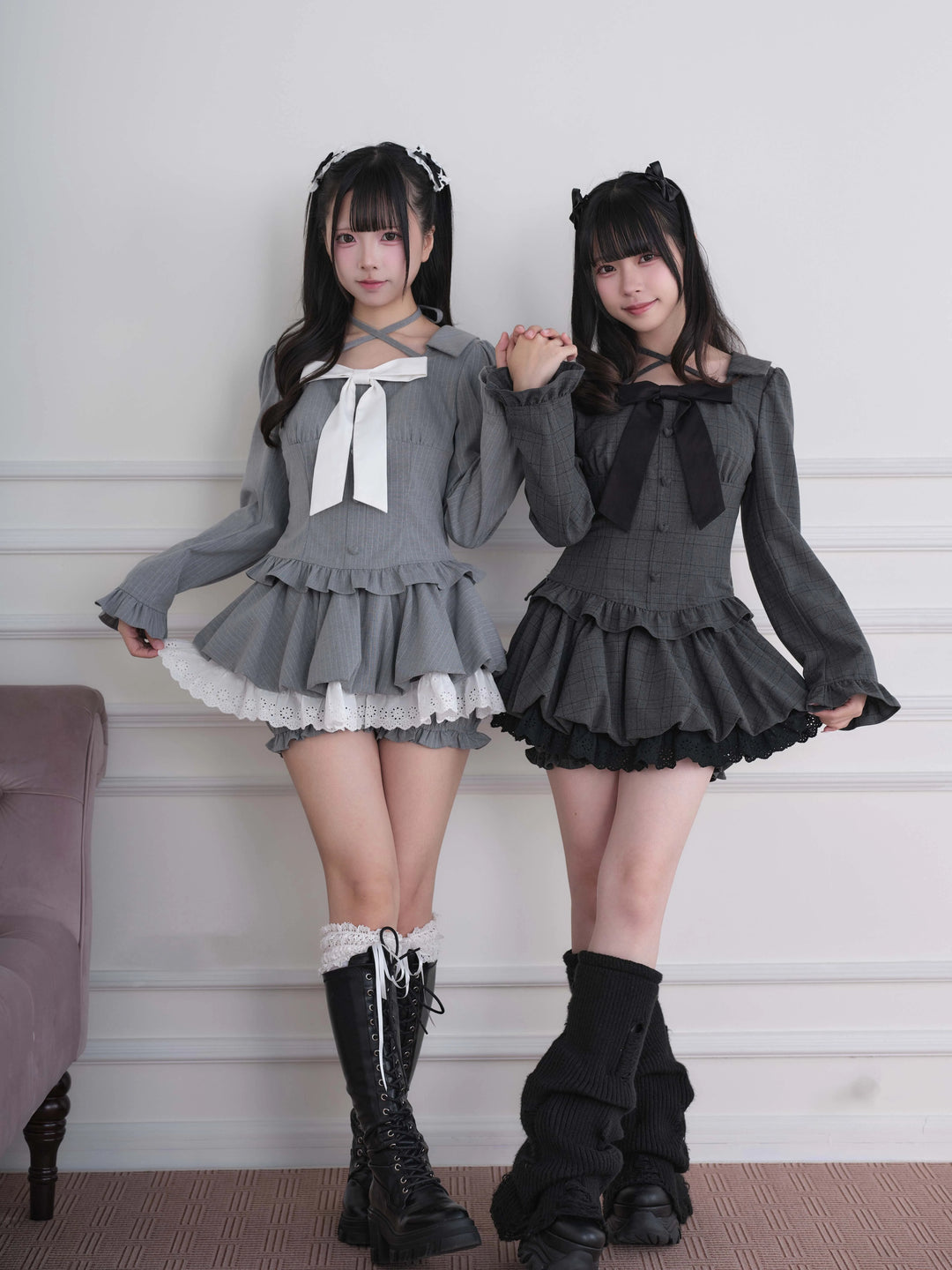 Ryousangata Plaid/Striped Dress & Shorts Set, Chest Big Bow 46031:873209