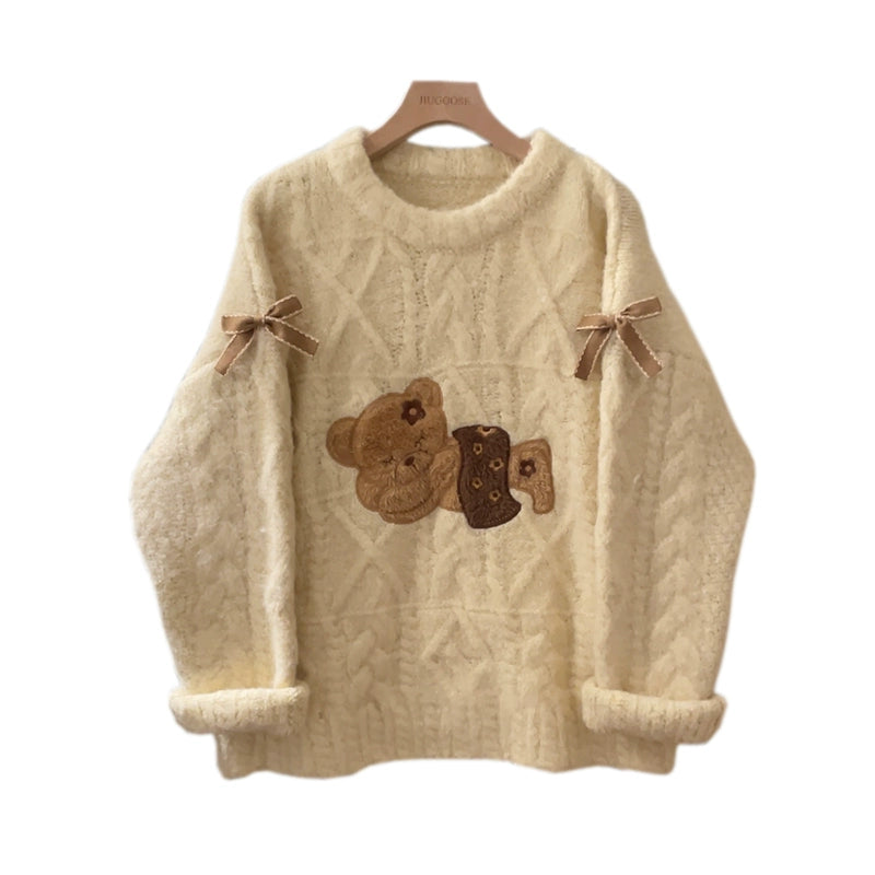 Kawaii Sweater Beige Little Bear Round Neck Sweater Winter (M S) 39798:646348