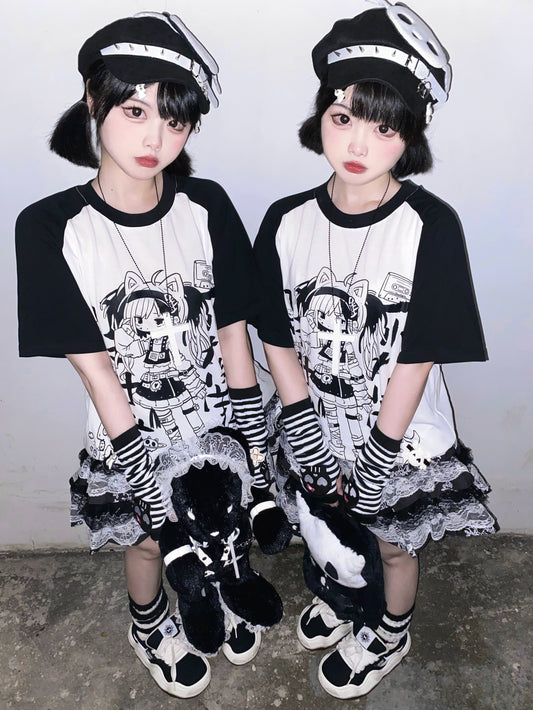Subculture Shirt Black White Raglan Sleeve T-shirt Anime Top 37742:579302