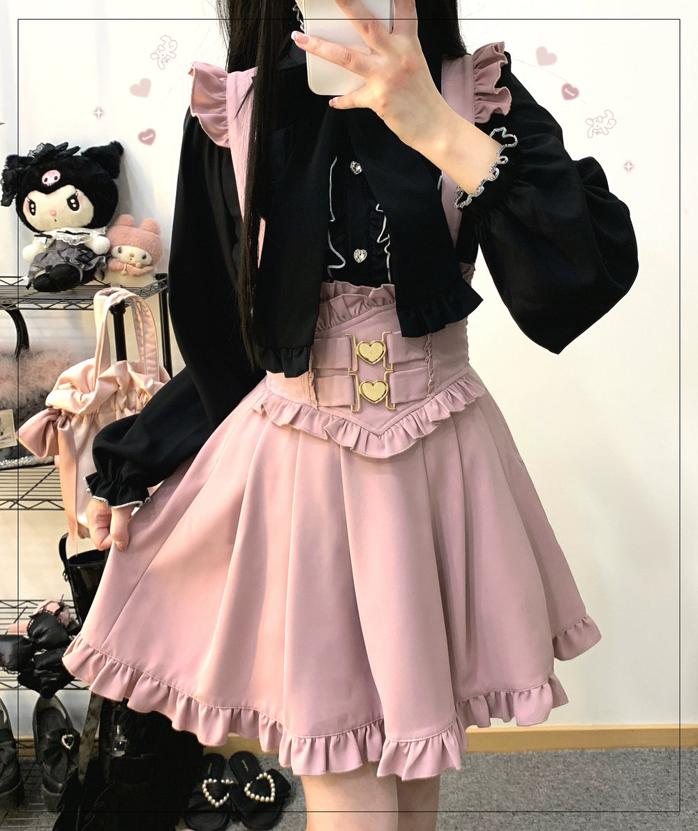 Jirai Kei Skirt High Waist Heart Button Overall Dress (Preorder / Pink) 31858:396992