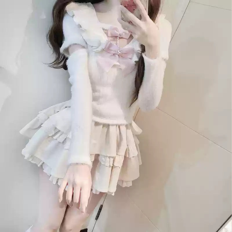 Sweet Kawaii White Sweater Cake Skirt Set 41556:703688