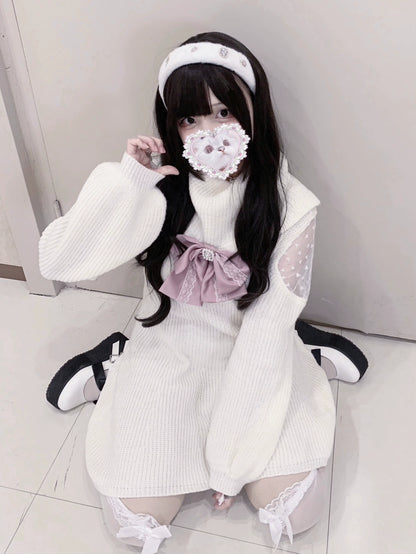 Jirai Kei White Sweater Dress Off-Shoulder Lace Dress 31844:372106