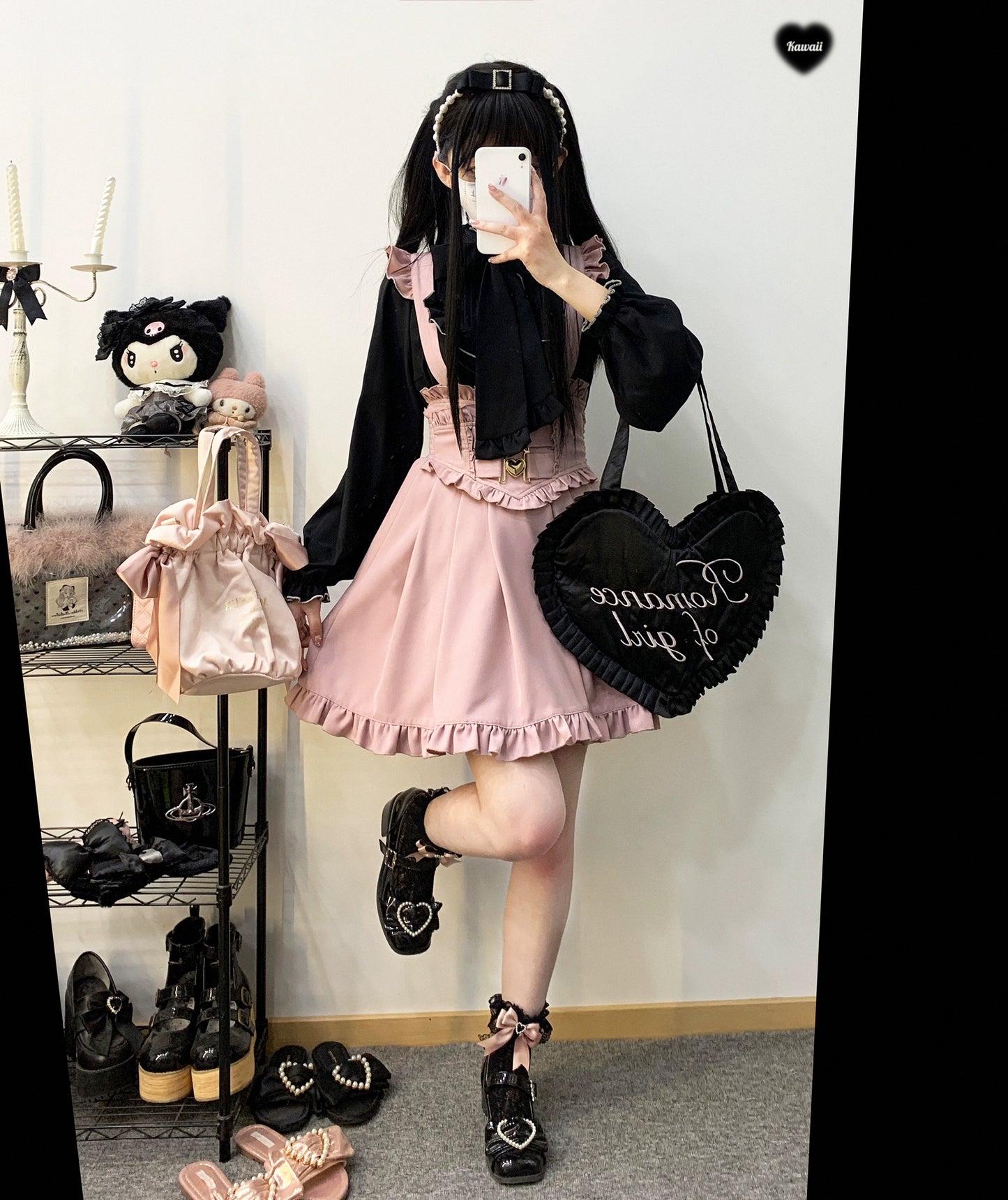 Jirai Kei White Black Blouse Lace Standing Collar Long Sleeved Shirt 31852:372688