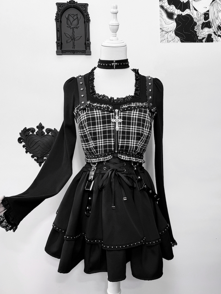 Jirai Kei Skirt Outfit, Top With Detachable Camisole 44809:822666