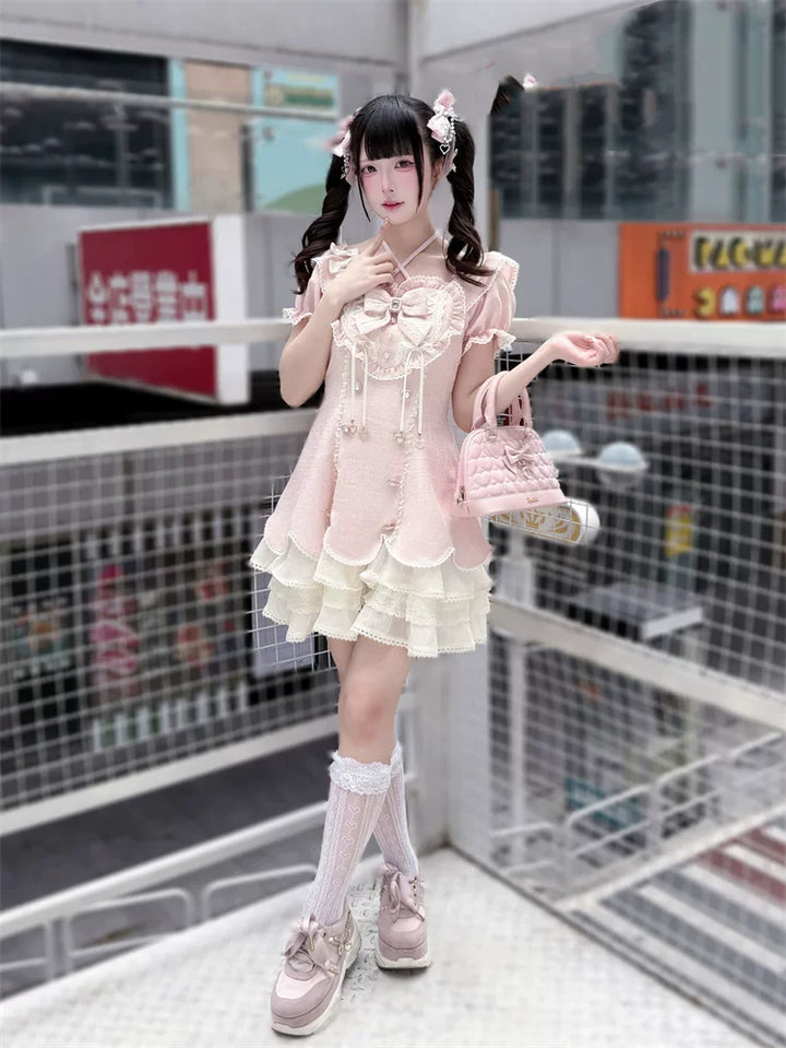 Pink Tweed Rousangata Dress, Front Heart Decoration 45570:854474